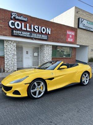 A premium car, freshly repaired at our Body Shop. The yellow insured Ferrari.
