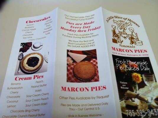 Menu of offered homemade pies