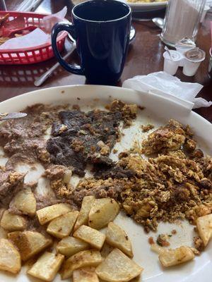 Best huevo con chorizo, potatoes, beans, and corn tortillas or as homemade as they can get.