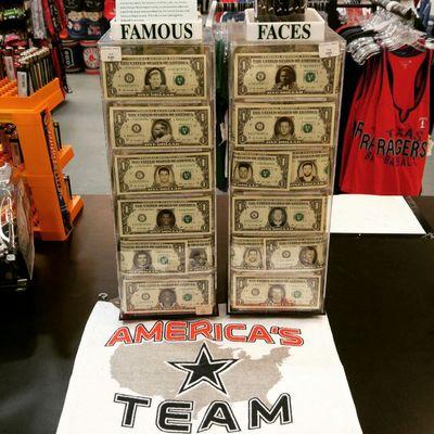 Famous faces dollar bills gor more than 60 different sports stars from NFL, MLB.NBA, NHL, international soccer and more.