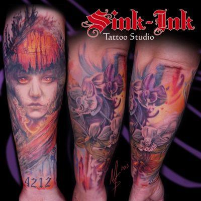 Abstract realism/watercolor tattoo in progress. Wrist and floral work is fresh. More to go!