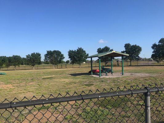 Shade area with seating at Large dog park