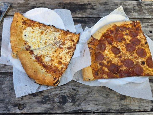 Two slices of cheese, two slices of pepperoni