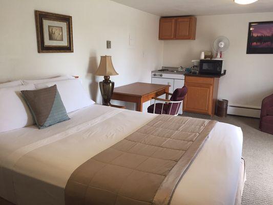 Clean, comfortable rooms. Some kitchens available. All rooms have microwaves, refrigerators and coffee pots.