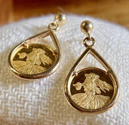 Gold coin collection earrings by "Kim Taylor-Reece"