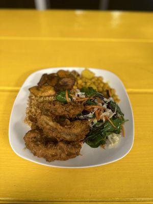 Fried Mushroom Dinner w/ rice and peas, chick-peas and chana, steamed mixed veggies and fried plantains