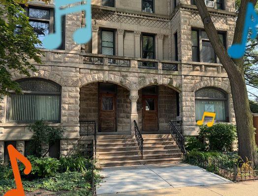 The exterior of Merit Near North's building with music notes floating in the foreground