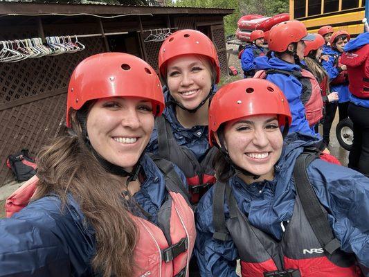 All geared up:wetsuit, matching jacket with the girls, life jacket and helmet.