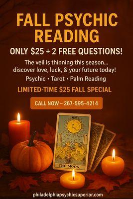 Special event 50% off all private house and corporate parties include psychic palm and tarot card readings call 267-595-4214