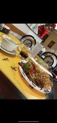 Pepper Steak with Fried Rice and Egg Drop Soup