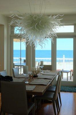 a recent chandelier equipped with color change lighting to reflect the mood of the moment