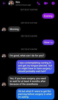 Screen shot  of a discussion I had with piercer Kim Burton.