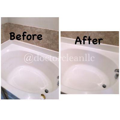 Before and after cleaning of a jacuzzi bathtub.