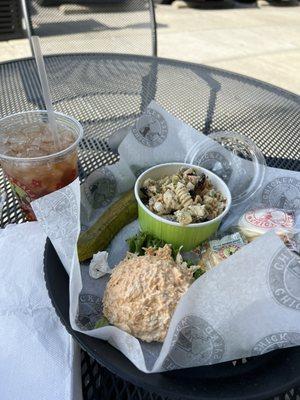 Delicious buffalo style chicken salad with pasta salad and delicious watermelon tea!