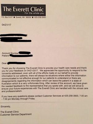 Here is the follow up letter I received. Still no call or resolution from that 4/21 call and it's now 5/7. Recommend any other office.