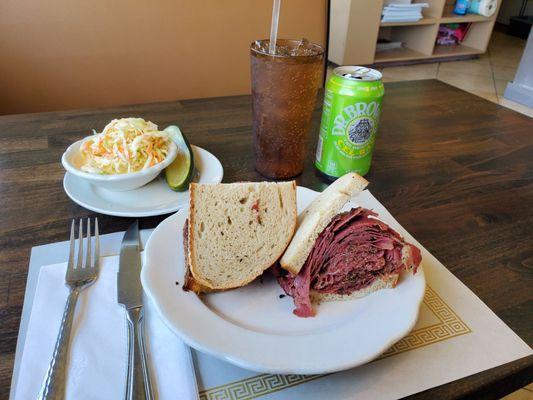 Pastrami on rye, Cole slaw, half sour pickle and Dr. Brown's Cel-Ray soda.