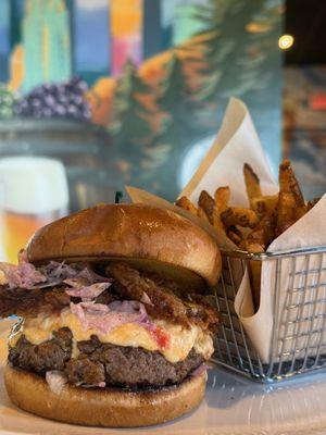 The Carolina Burger. Fried Green Tomato, Cilantro ColeSlaw, Pickled Onions and our house made Pimento Cheese.