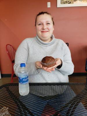 Maddy is posing once again for my Yelp submission. A muffin in hand.