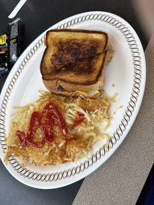 Texas Bacon Patty Melt Plate and hash browns