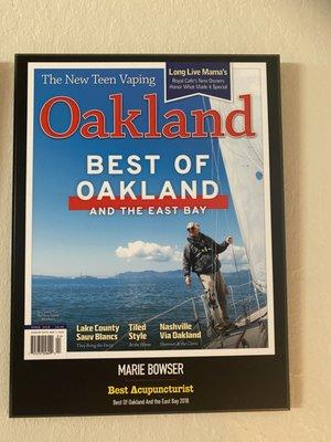 What an honor to be voted Best Acupuncturist in Oakland Magazine 2018 (and top 5 in 2022 and 2021).