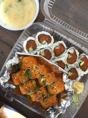 Ordered a Lion King Roll and Spicy Tuna Roll to go. Also came with miso soup!