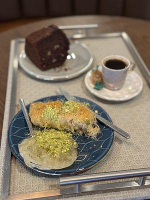 Zalabiah, kunafa, Turkish coffee, chocolate cake