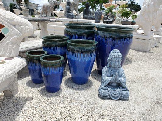 Large Blue Glazed Planters and Gray Buddha Statue