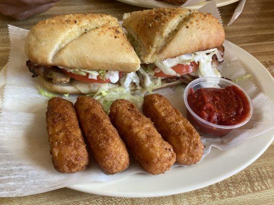 Chicken Bacon Ranch sub with Mozzarella sticks and Marinara