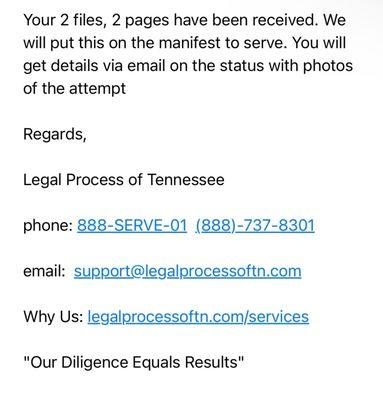 An email stating that they received required documentation to start the servicing process. No updates since. It's been 2 weeks