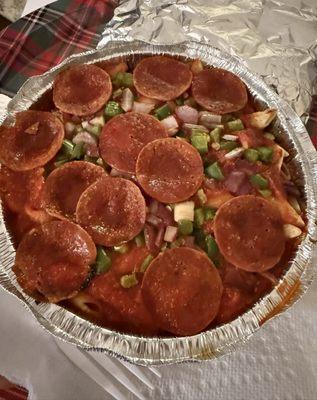 Build your own pasta- Penne with onions, peppers, and pepperoni