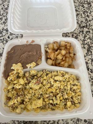 Scrambled eggs , potato, beans