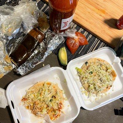 Chicharron con Queso (pork with cheese), Espinaca a con Queso (spinach with cheese), and Tamal (Salvadoran)