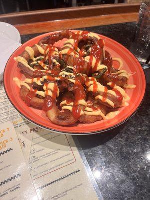 Onion rings and jalapeños