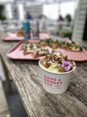 SMOOTHIE BOWLS. FROZEN FRESH FRUIT BLENDED WITH COCONUT MILK. HOUSE MADE VEGAN GF GRANOLA AND KK'S NUTBUTTER.