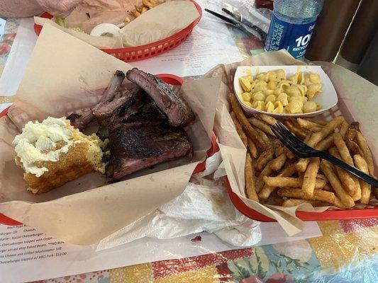 Barbecued ribs homemade cornbread macaroni and cheese and french fries was an excellent meal......