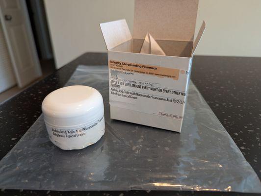 My compound drug cream from Integrity Compounding Pharmacy. Shipped to Midtown via UPS Ground, overnight. 30 grams for $75 total.