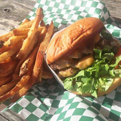 Double cheddar burger with hand cut fries.