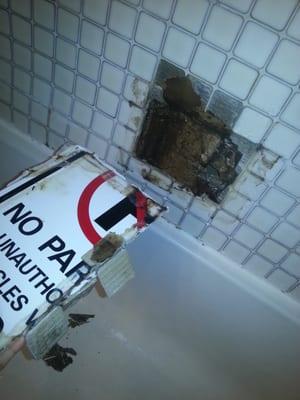 They used a no parking sign to patch up the bath tub that has mold