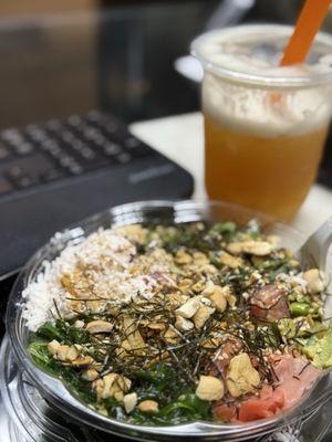 Tuna with kani salad, seaweed salad, sushi rice, jalapenos, wasabi, ginger, and all sorts of deliciousness!