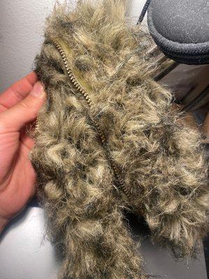 Fried faux fur collar belonging to a $300 parka jacket.