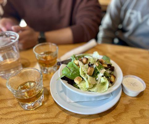 The salad that comes with the prime rib dinner and delightful shots of whiskey.