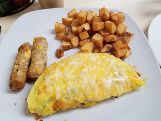 Suuthwestern omlet and frozen,bagged potatoes with no seasoning.
