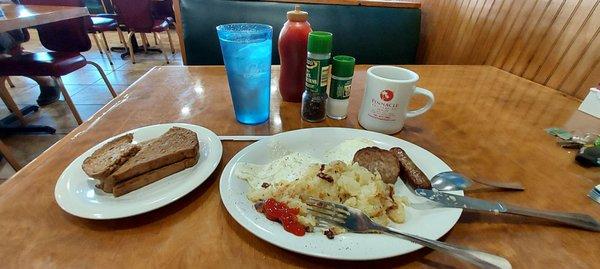 Basic breakfast...house potatoes bland-eggs overcooked from request, sausage patty...not link recommended