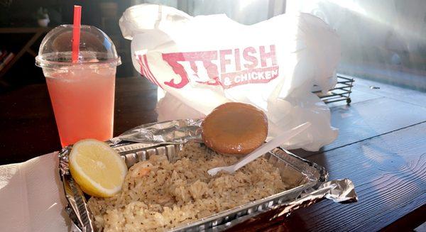 Garlic Shrimp with Rice & Cherry Lemonade and Cornbread Muffin.