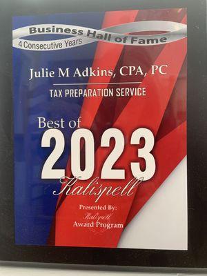 Award received for the best tax preparation, service in Kalispell for 2023