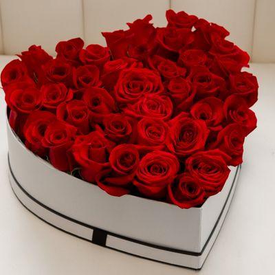 Red roses in a heart shaped box