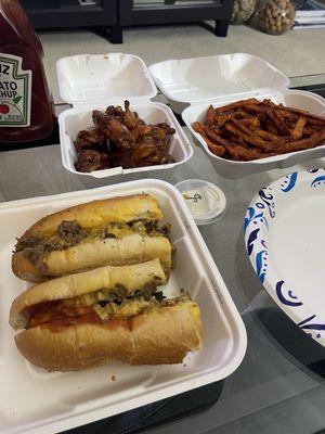 Teriyaki wings, cheesesteak with mushrooms and extra wiz, sweet potato fries. YUM!!!