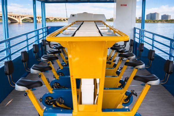 The inside of thhe cycle party boat on Tempe Town Lake. The boat moves by everyone pedaling like on a party bike in Old Town Scottsdale.