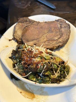 Great, big, huge steak and brussels sprouts, covered with balsamic and Parmesan. Gorgeous.