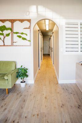 Serene hallway with natural elements and a welcoming feel.